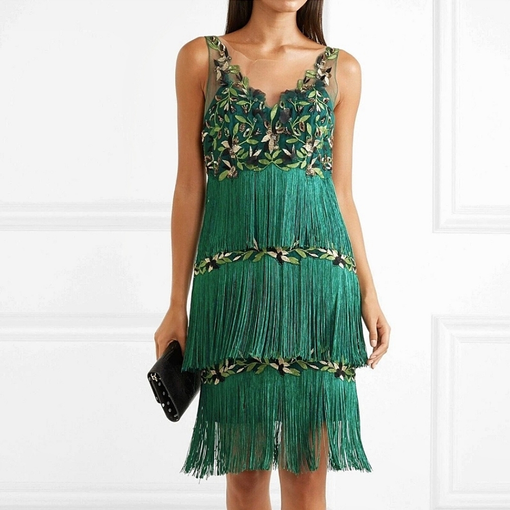 Marchesa Notte Garden Fairy Fringe Embroidered Illusion Midi Dress